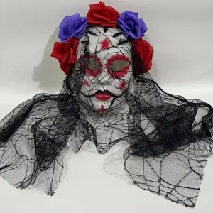 Detailed view of Day of the Dead mask with red roses and elegant black lace veil for Halloween