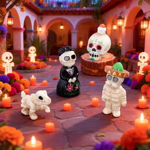 Day of the Dead resin skeleton figurines set including skull, man, woman, and dog ornaments
