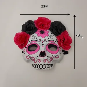 Day of the Dead sugar skull mask with red and black flowers, size 23x22cm for Halloween