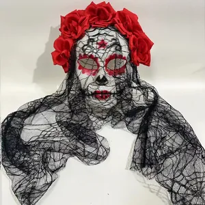 Detailed view of traditional Day of the Dead mask with red roses and black lace veil