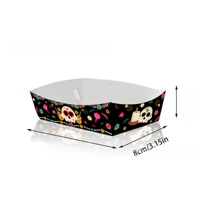 Mexican Day of the Dead paper snack tray with colorful skull design, size 14x8x4cm