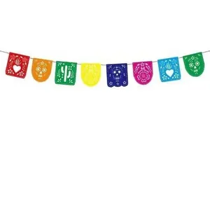 Detailed view of colorful felt Mexican Papel Picado banner for Day of the Dead decor