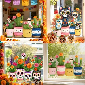 Colorful Day of the Dead window stickers featuring cactus and sugar skull designs for festivals.