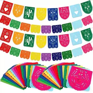 Colorful Mexican Papel Picado felt banner featuring festive skull and floral hollow designs