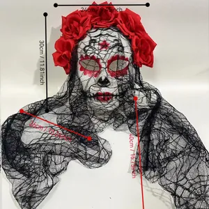 Detailed measurements of Day of the Dead skull mask with red roses and lace veil