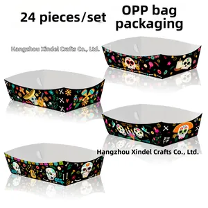 Set of 24 disposable Mexican Day of the Dead skull themed snack trays in OPP packaging