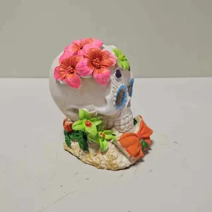 Decorative skull with colorful flowers for aquarium and reptile tank landscaping decoration