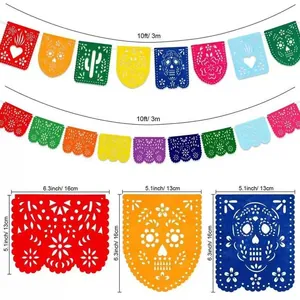 Detail view showing measurements of colorful Mexican felt flags for Day of the Dead