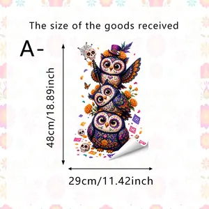 Close-up detail showing dimensions for Day of the Dead stacked owls glass sticker 48cm by 29cm