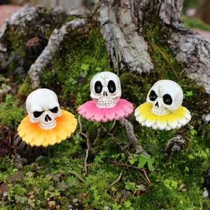 Set of 3 resin skull flower garden stakes for succulent pot and outdoor landscaping