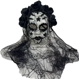 Day of the Dead skull mask with black lace veil and fabric roses for Halloween party