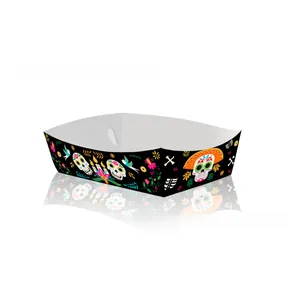 Detail view of a Day of the Dead themed paper snack tray with colorful sugar skull pattern