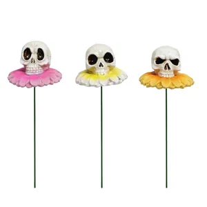 Set of 3 resin skull flower garden stakes for succulent pots and yard decor