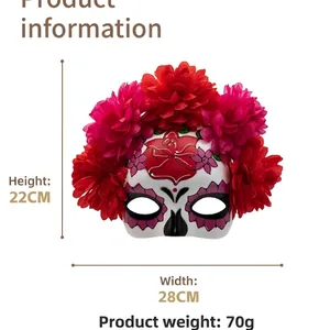 Mexican Day of the Dead skull mask with vibrant red floral crown and sugar skull design