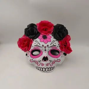 Mexican Day of the Dead sugar skull mask with artificial roses for Halloween