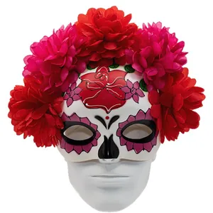 Mexican Day of the Dead mask with red and pink floral decorations for Halloween