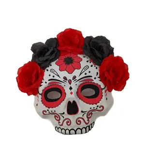 Exquisite Halloween Mexican Sugar Skull mask with red and black artificial rose flowers