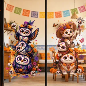 Day of the Dead window stickers featuring cute stacked owls and cats on glass decor