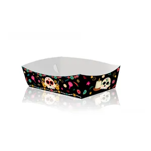 Detail view of Day of the Dead sugar skull patterned paper snack tray for festival party