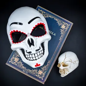 Detailed view of white skull mask with red eye trim and digital prints for Day of the Dead