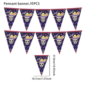 Set of 10 Mexican Day of the Dead sugar skull pennant banners with detailed dimensions