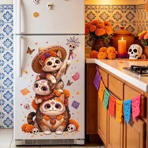 Cute Day of the Dead cat stickers applied on a refrigerator door for festive decoration