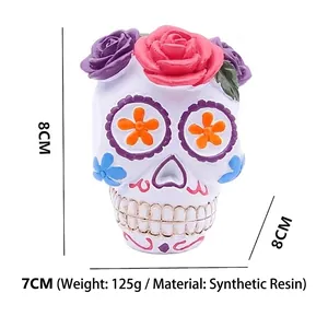 Detailed view of a colorful Halloween sugar skull resin figurine with clear dimension markers