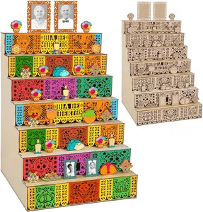 Detailed view of DIY Day of the Dead wooden tiered display stand and photo frame kit