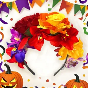 Vista dettagliata della fascia con fiori di stoffa colorati per feste e festival