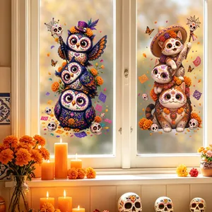 Day of the Dead window stickers with stacked owls and cats in colorful Mexican folk art style