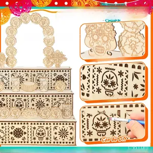 Close-up detail of DIY wooden Day of the Dead altar set with laser-cut skull patterns