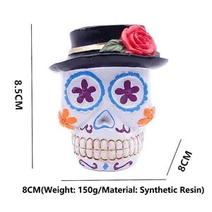 Detail view of colorful Halloween sugar skull resin figurine with dimensions and weight.