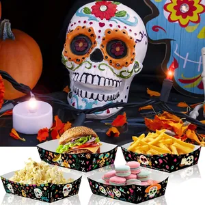 Mexican Day of the Dead themed disposable paper food trays with colorful skull patterns