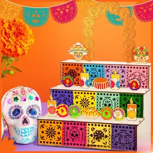 Supporto in legno fai-da-te Día de los Muertos con teschi e candele colorate decoro