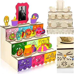 Detail view of DIY wooden Halloween tiered photo frame stand with colorful skull art