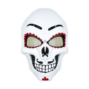 Macro detail of Mexican Day of the Dead skull mask with intricate red floral patterns