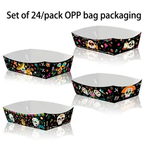 Set of 24 Mexican Day of the Dead themed paper snack trays with skull patterns