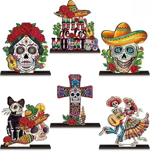 Set of 6 Day of the Dead wooden table standees with colorful skull and skeleton designs