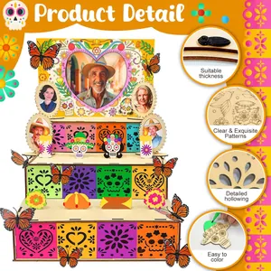 Day of the Dead wooden altar details: intricate hollowing, engraving, and DIY painting.