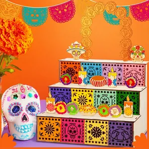 Detailed close-up showing the intricate laser-cut designs on the wooden Day of the Dead altar