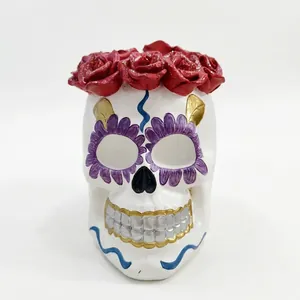 Painted resin Halloween sugar skull figurine with red rose crown decoration