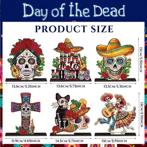 Detailed dimension chart for six colorful Day of the Dead wooden table decorations