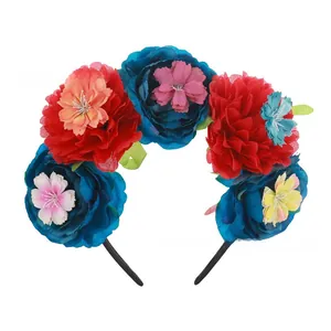 Vibrant Halloween floral headband with large red and blue artificial flowers for cosplay.