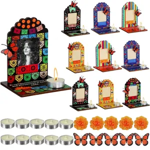 Kit d'autel Jour des Morts avec cadres photo en bois, souci et bougies chauffe-plat
