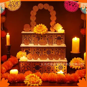 Detailed view of the laser-cut patterns on the Mexican Day of the Dead wooden altar