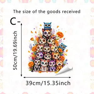 Vibrant Day of the Dead theme cat window sticker measuring 50cm by 39cm for home decoration.