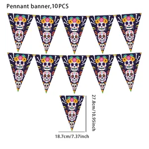 Day of the Dead pennant banner with sugar skull design, 10 pieces for Mexican party decor