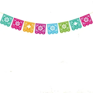Colorful Mexican Papel Picado felt banner with traditional floral hollow cutouts for party decor