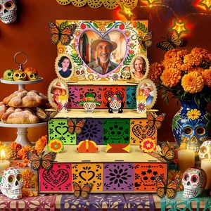 Tiered wooden Day of the Dead ofrenda altar with colorful photo frames and butterflies