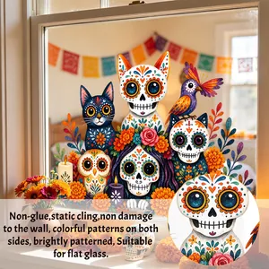 Close-up detail of Day of the Dead pet sugar skull static cling window sticker patterns